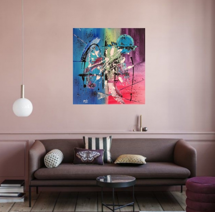 Art abstrait acrylique sur toile Bleu rose vert